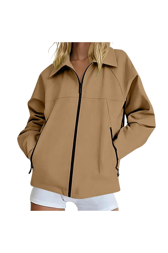 Fall Coats for Women Rainjacket Packable Ladies Waterproof Flared Pocket Zipper Jacket Outdoor Hiking Sport Khaki S
