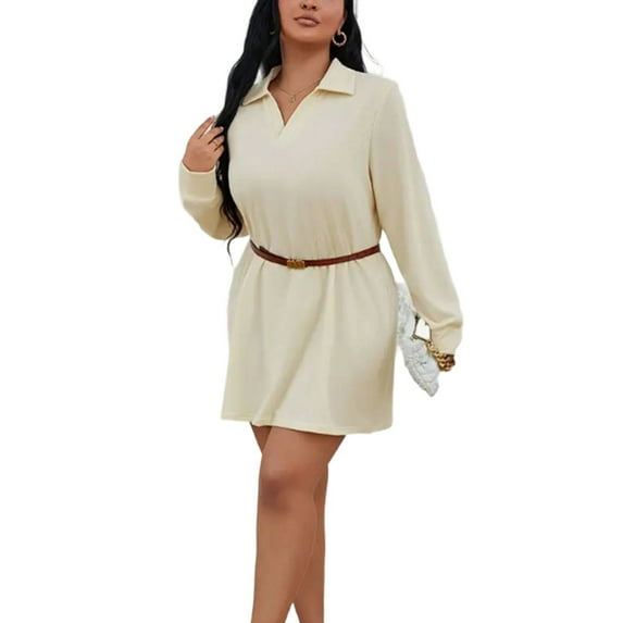 Hueook Fall Dresses for Women Solid Color Long Sleeved Plus Size Dress Beige 3X