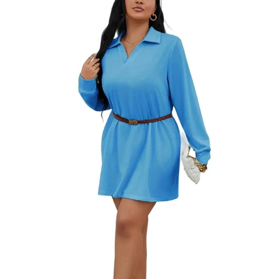 Hueook Fall Dresses for Women Solid Color Long Sleeved Plus Size Dress Blue 2X