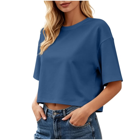 Hueook Fall Half Sleeve Tops For Women Crew Neck Casual Basic Pullover Tee Shirt Blue L