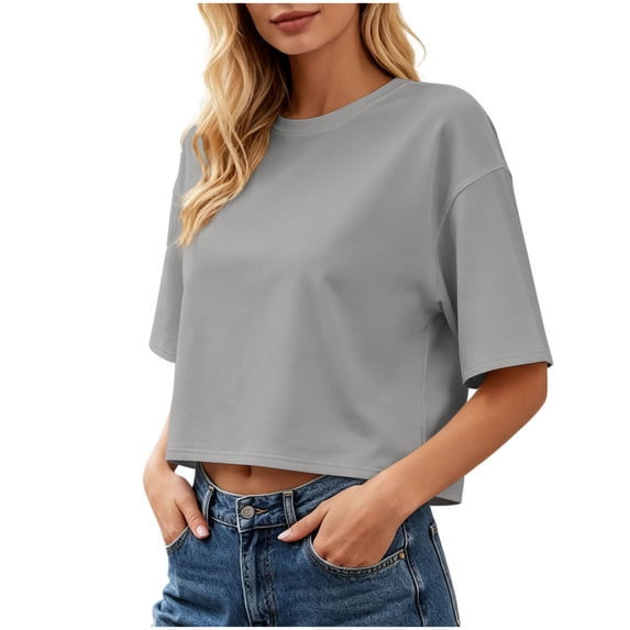 Hueook Fall Half Sleeve Tops For Women Crew Neck Casual Basic Pullover Tee Shirt Gray 2X