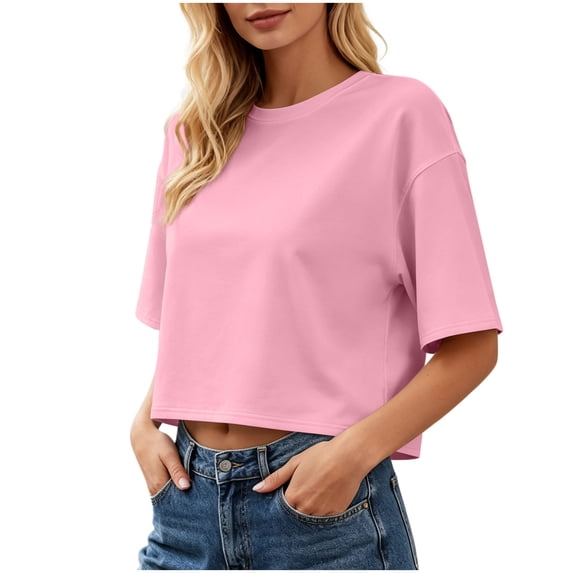 Hueook Fall Half Sleeve Tops For Women Crew Neck Casual Basic Pullover Tee Shirt Pink L