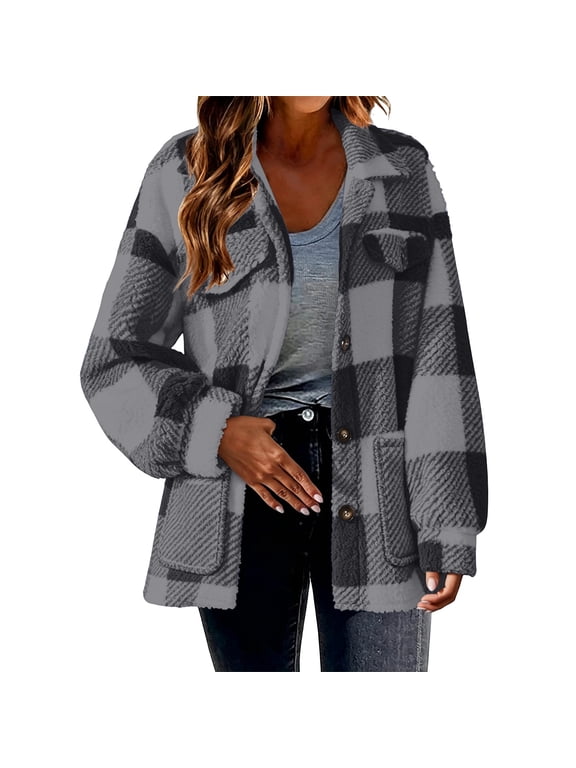 Fall Hoodies for Women Plaid Flannel Shacket Button Up Long Sleeve Casual Jacket Dark Gray M