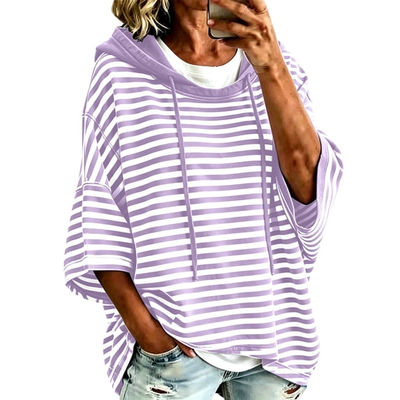 Hueook Fall Hoodies for Women Striped Print Drawstring Long Sleeve Casual Sweatshirt with Pockets Purple XL