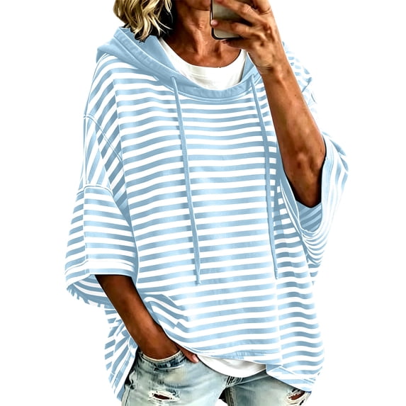 Hueook Fall Hoodies for Women Striped Print Drawstring Long Sleeve Casual Sweatshirt with Pockets Sky Blue L