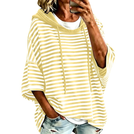 Hueook Fall Hoodies for Women Striped Print Drawstring Long Sleeve Casual Sweatshirt with Pockets Yellow 2X