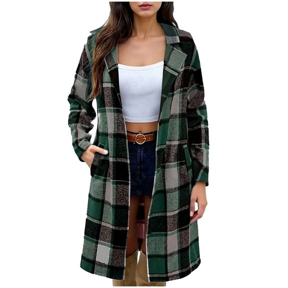 Hueook Fall Jacket Women Fashion Women's Winte Long Sleeve Turndown Collar Comfy Regular Casual Plaid Coat Tops Army Green XL