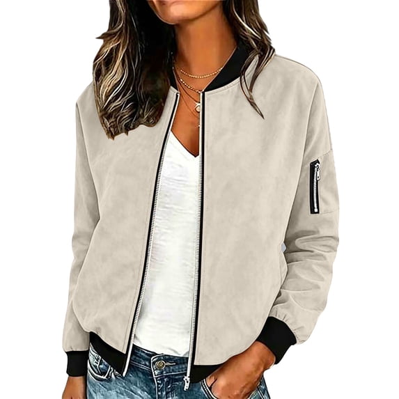 Hueook Fall Jacket Women Lightweight Bomer Jackets Zip-Up Long Sleeve Jacket with Ribbed Contrast Panels Kangaroo Pocket Beige 2X