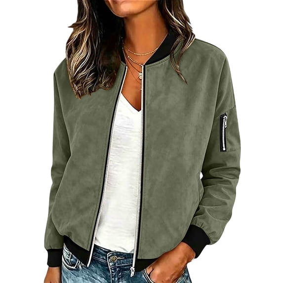 Hueook Fall Jacket Women Lightweight Bomer Jackets Zip-Up Long Sleeve Jacket with Ribbed Contrast Panels Kangaroo Pocket Green 2X