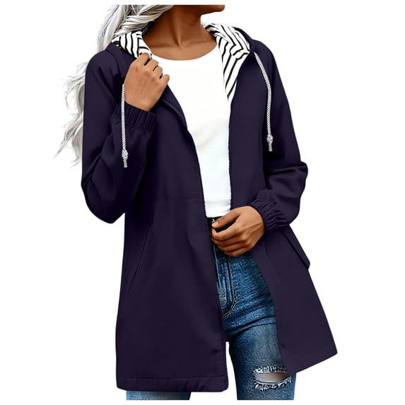 Hueook Fall Jacket for Women Hooded Zip Up Long Sleeve Mid Length Casual Coat with Pockets Purple 5X
