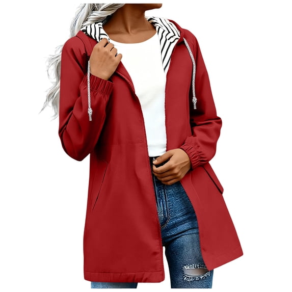 Hueook Fall Jacket for Women Hooded Zip Up Long Sleeve Mid Length Casual Coat with Pockets Red L