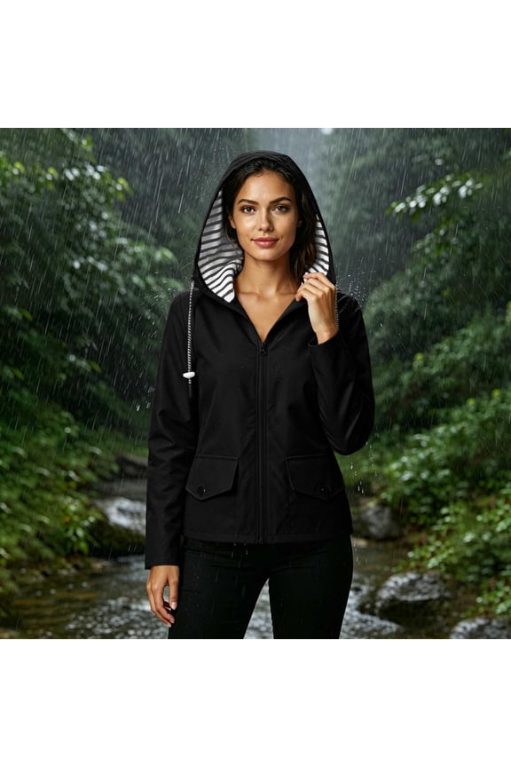 Fall Jackets for Women Insulated Hiking Omen's Color Thin Jacket Sunscreen and Waterproof Outdoor Hiking Sports Drawstring Long-Sleeve Hooded Jacket Black 2X