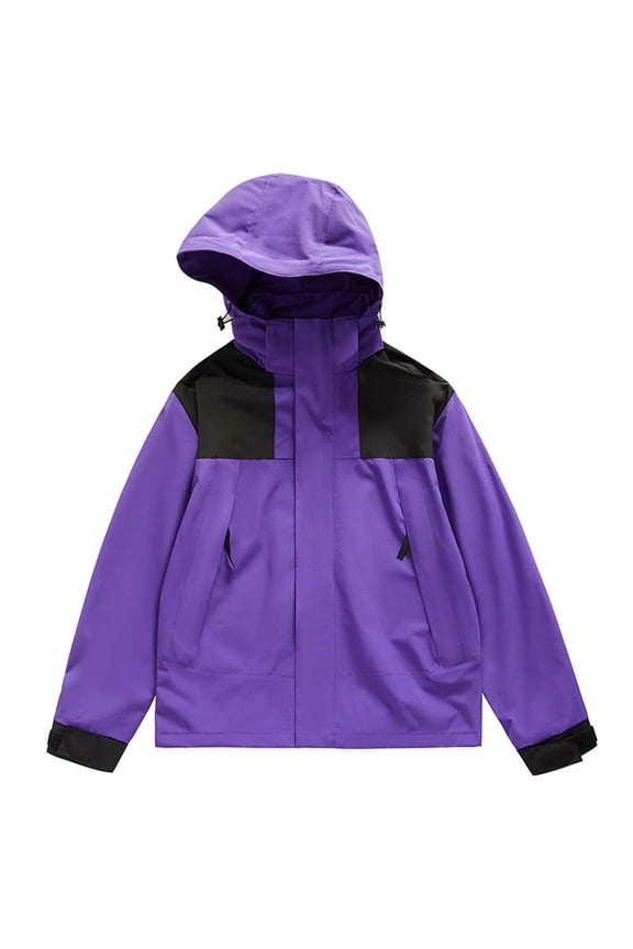 Fall Jackets for Women Lightweight Hiking Fashion Comfortable Casual Color Block Interchange Jacket Drawstring Pocket Long Sleeve Hooded Casual Outwear Jackets Purple 2X