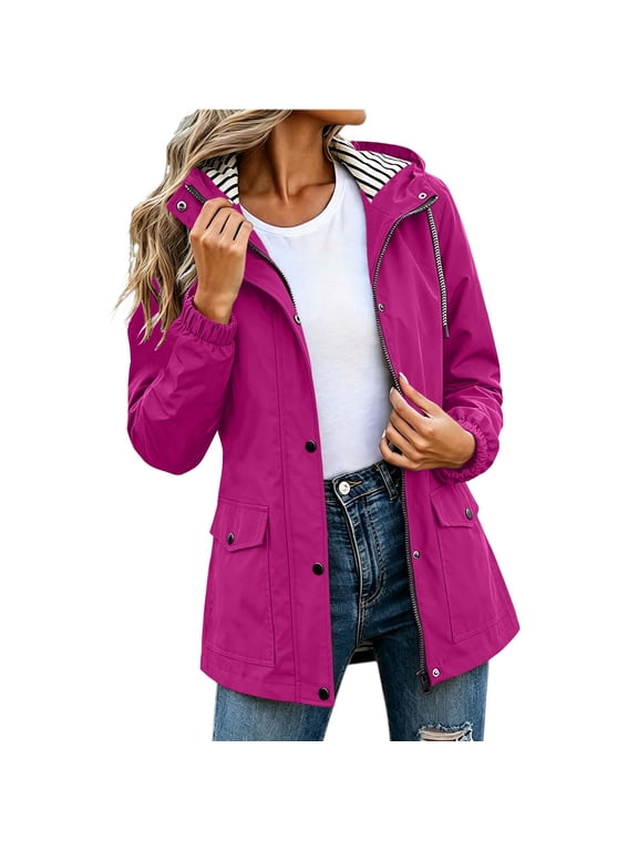 Fall Jackets for Women Ladies Waterproof Outdoor Hiking Drawstring Long Sleeve Windbreaker Hot Pink 2X