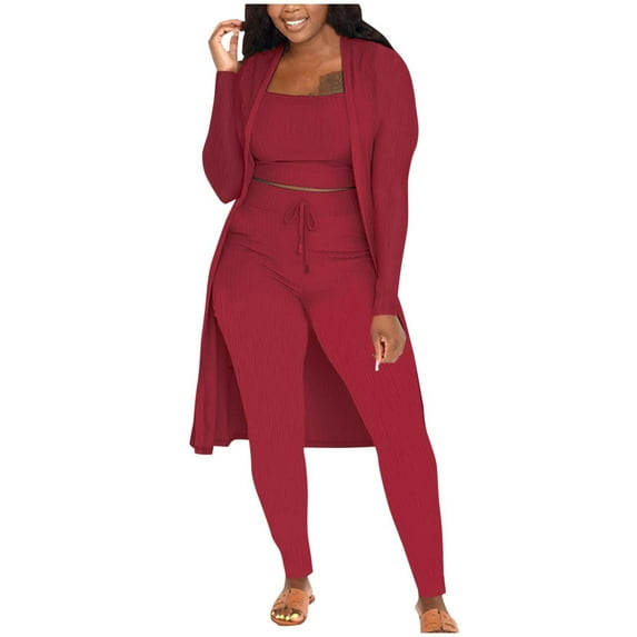 Hueook Fall Outfits for Women 2025 Women's Fashion Solid Color Round Neck Elastic Waist Pocket Free Pants 3-Piece Set Wine 3X