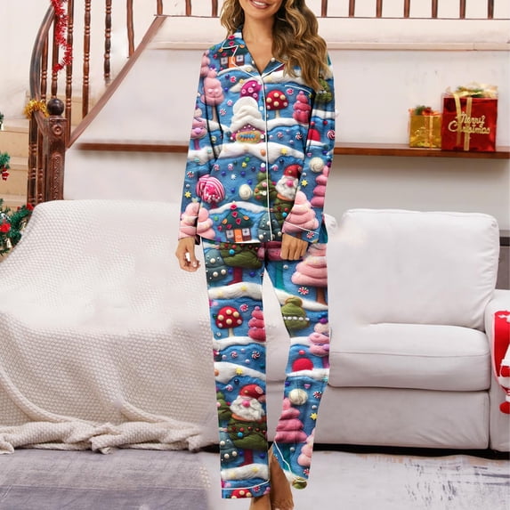 Hueook Fall Pajamas Women Cute Fall Pajamas for Women Women's Christmas Printed Pajama Set for Daily Home Wear with Pocket Multicolor S