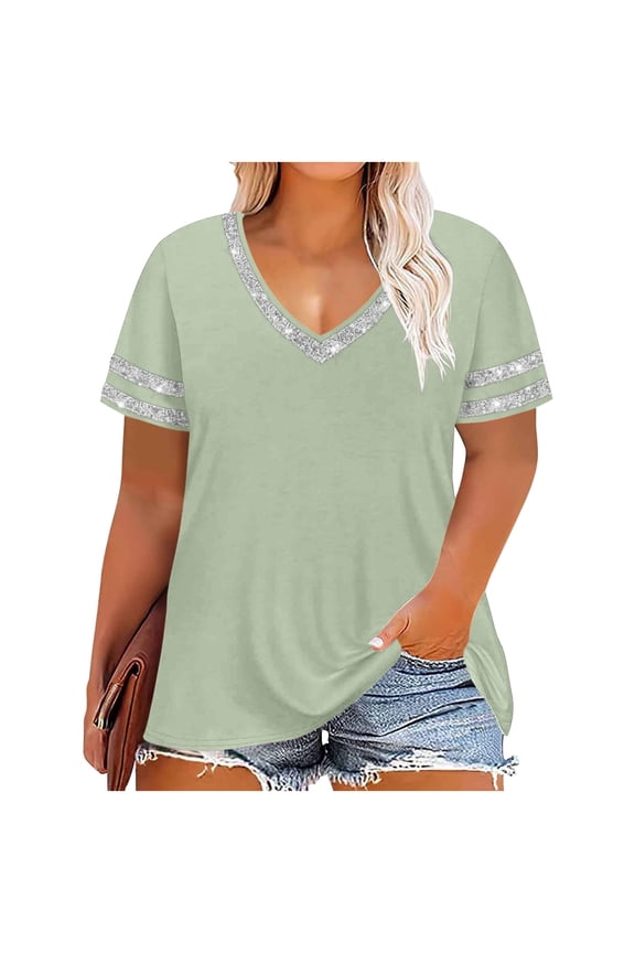 Fall Plus Size Short Sleeve Tops For Women V Neck Color Block Casual Basic Tee Mint Green S