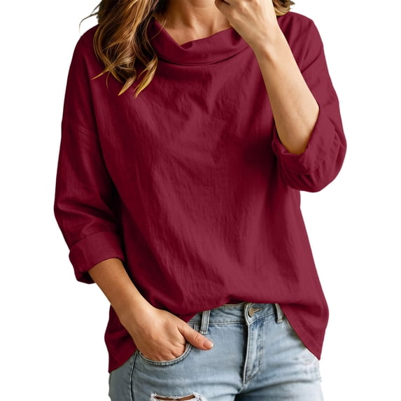 Hueook Fall Shirts for Women Dressy Cotton Linen Long Sleeve Casual Top Red M
