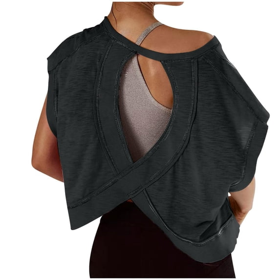 Hueook Fall Short Sleeve Workout Tops For Women Crew Neck Criss Cross Back Yoga Athletic Tee Cotton Shirts Black XL