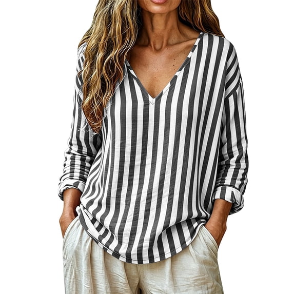 Hueook Fall Strip Underscrub Long Sleeve Women Cotton Lady's Summer Casual Striped Long-Sleeve V-neck Pullover Top Black 2X