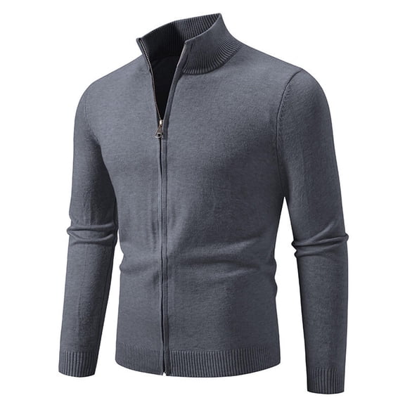 Hueook Fall Sweaters Fashion Men Solid Color Zipper Knitted Stand Up Collar Casual Sweater Dark Gray 3X