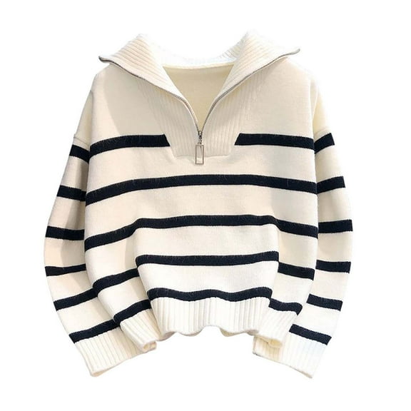 Hueook Fall Sweaters for Women 2025 Womens Sweater Vest Fashionable Women's Long Sleeved V-Neck Lapel Striped Printed Zipper Casual Sweater White L