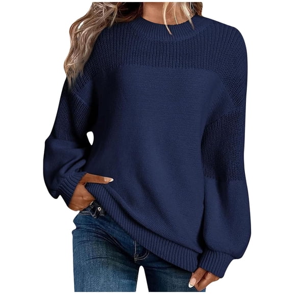 Hueook Fall Sweaters for Women Sweater for Women Women Fashion Pullover Solid Round Neck Sweater Long Sleeve Blouse Dark Blue 2X