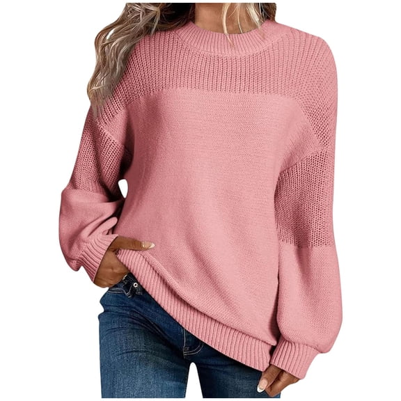 Hueook Fall Sweaters for Women Sweater for Women Women Fashion Pullover Solid Round Neck Sweater Long Sleeve Blouse Pink 2X