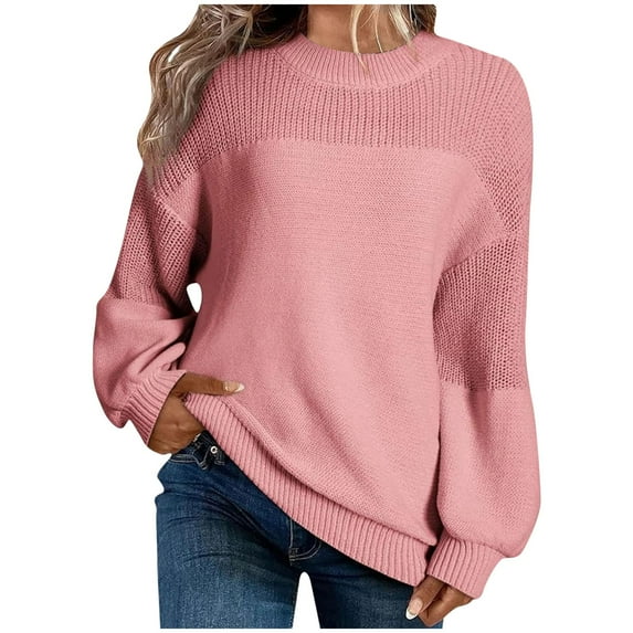 Hueook Fall Sweaters for Women Sweater for Women Women Fashion Pullover Solid Round Neck Sweater Long Sleeve Blouse Pink S
