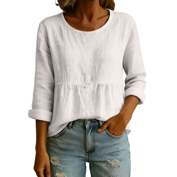 Hueook Fall Thermal Shirts for Women Casual Loose Trendy Solid-color Long-Sleeve Pullover Top White XL