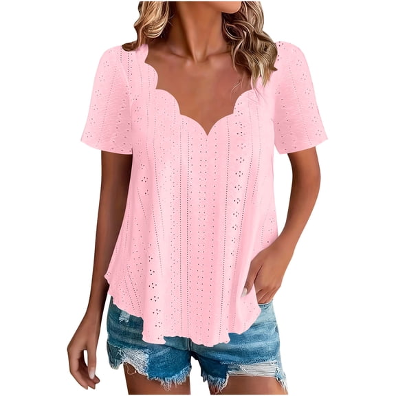 Hueook Fall Tops for Women 2026 Smocked Elegant Baggy Women's Casual Comfortable Breathable Court-style Short-sleeved Top Pink 5X