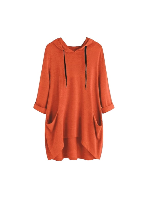 Fall Tops for Women Hooded Long Sleeve Shirts with Pocket Blouses Casual Tee Drawstring Loose Fit Orange L