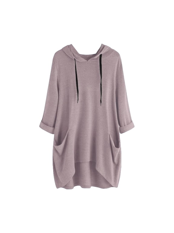 Fall Tops for Women Hooded Long Sleeve Shirts with Pocket Blouses Casual Tee Drawstring Loose Fit Pink 5X