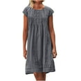 thumbnail image 1 of Hueook Fall Wedding Guest Dresses Women's Round Neck Short Sleeved Pleated Solid Linen Loose Fitting Dress Dark Gray 2X, 1 of 8