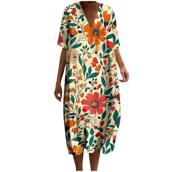 Hueook Fall Wedding Guest Dresses Womens winter Pockets Printing Dresses Loose V-Neck Short Sleeve Dresses Red 3X