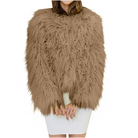 Hueook Faux Fur Coat Long Womens Ladies Warm Faux Furry Long Coat Jacket Winter Solid V-neck Outerwear White 2X