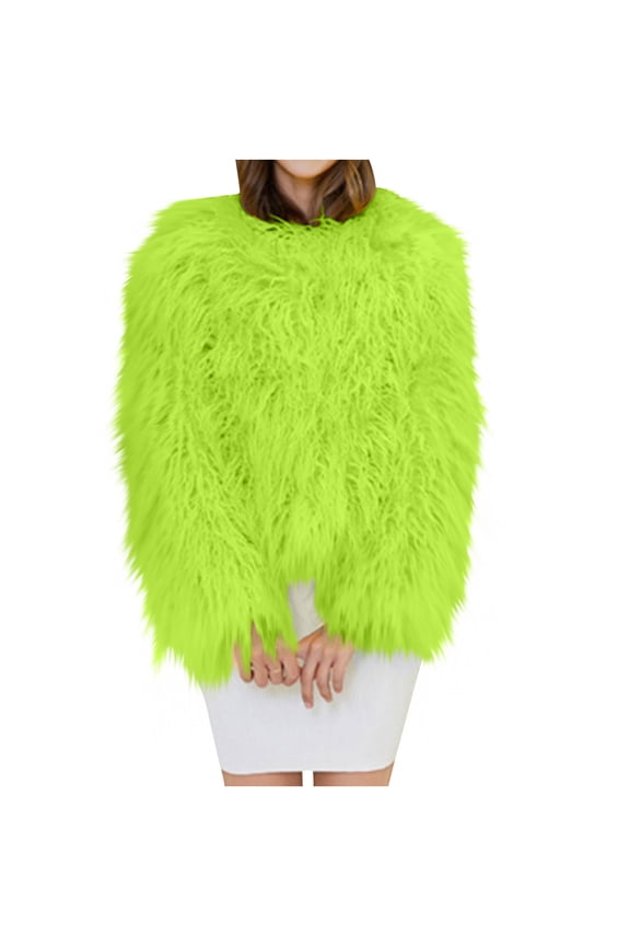 Faux Fur Coat Women Womens Ladies Warm Faux Furry Coat Jacket Winter Solid Round Neck Outerwear Khaki S