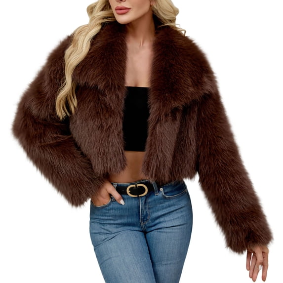 Hueook Faux Fur Coat Womens Ladies Warm Faux Furry Long Coat Jacket Winter Solid Turn Down Collar Outerwear Coffee 3X