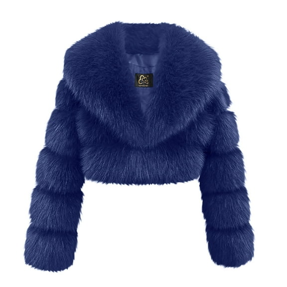Hueook Faux Fur Jacket Women's Synthetic Short Style Big Collar Long Sleeved Jacket Zipper Jacket Navy L