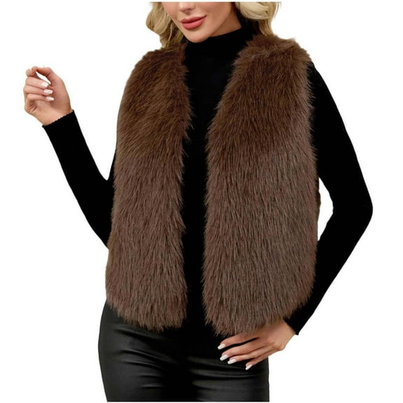 Hueook Faux Fur Jacket Womens Ladies Warm Faux Furry Coat Jacket Winter Solid V-neck Sleeveless Outerwear Brown XL