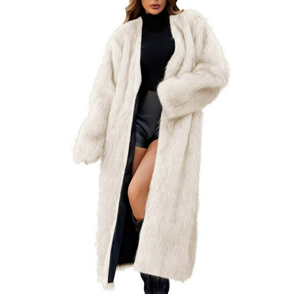 Hueook Faux Fur Jacket Womens Ladies Warm Faux Furry Long Coat Jacket Winter Solid V-neck Outerwear Beige S