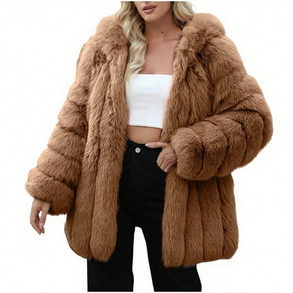 Hueook Faux Fur Vest Women Womens Ladies Warm Faux Furry Coat Jacket Winter Solid Hooded Outerwear Khaki XL