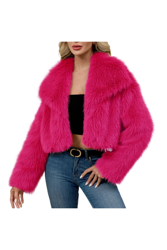 Faux Fur Womens Ladies Warm Faux Furry Long Coat Jacket Winter Solid Turn Down Collar Outerwear Hot Pink S