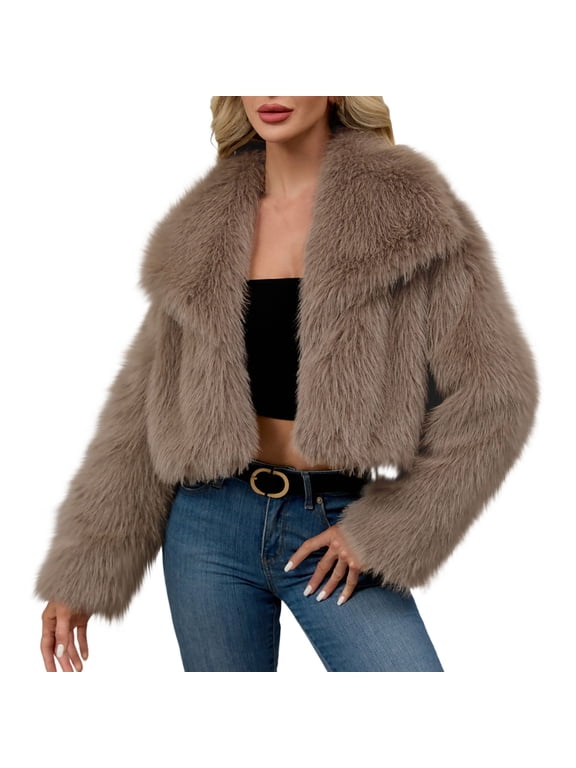 Faux Fur Womens Ladies Warm Faux Furry Long Coat Jacket Winter Solid Turn Down Collar Outerwear Khaki L