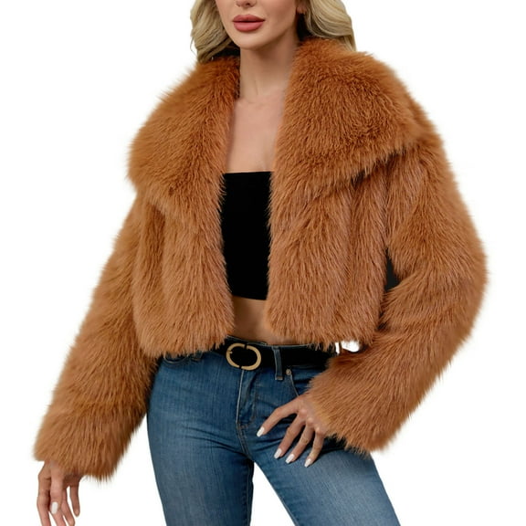 Hueook Faux Fur Womens Ladies Warm Faux Furry Long Coat Jacket Winter Solid Turn Down Collar Outerwear Orange 2X