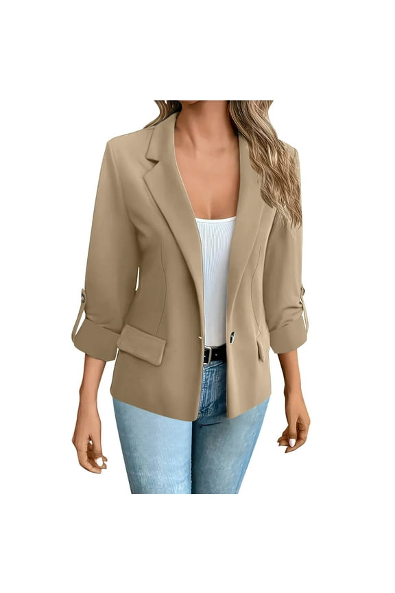 Flannel Jacket Women Casual Blazers Open Front Long Sleeve Solid Button Work Office Blazer Jacket Coats Khaki XL