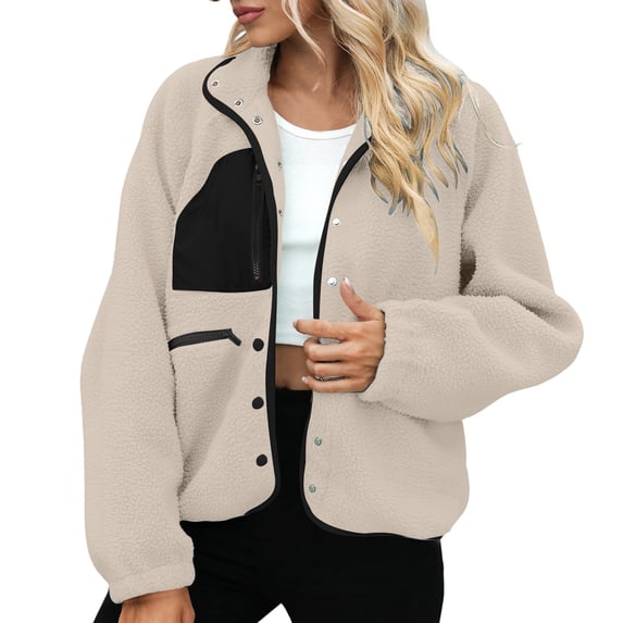 Hueook Flannel Jacket Women European and American Solid Color Lamb Wool Jacket Long Sleeved Hooded Casual Jacket/jacket Beige 2X