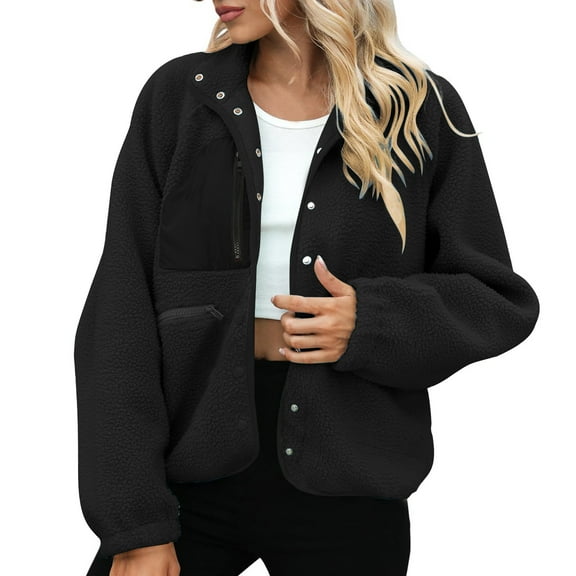 Hueook Flannel Jacket Women European and American Solid Color Lamb Wool Jacket Long Sleeved Hooded Casual Jacket/jacket Black S
