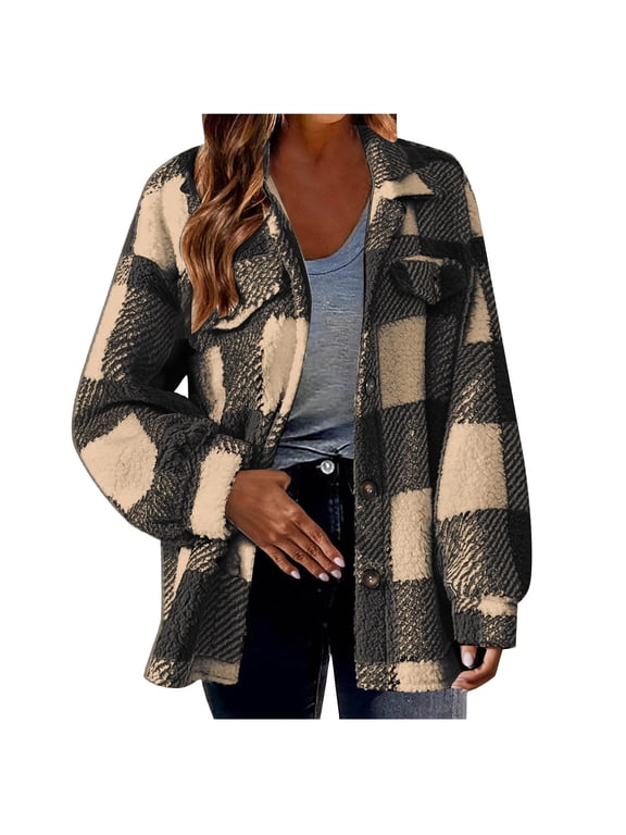 Flannel Jacket Women Jacket Women Women's Fall and Winter Straight Cardigan Button Pocket Coat Black S