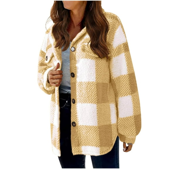 Hueook Flannel Jacket Women Jacket Women Women's Fall and Winter Straight Cardigan Button Pocket Coat Yellow S